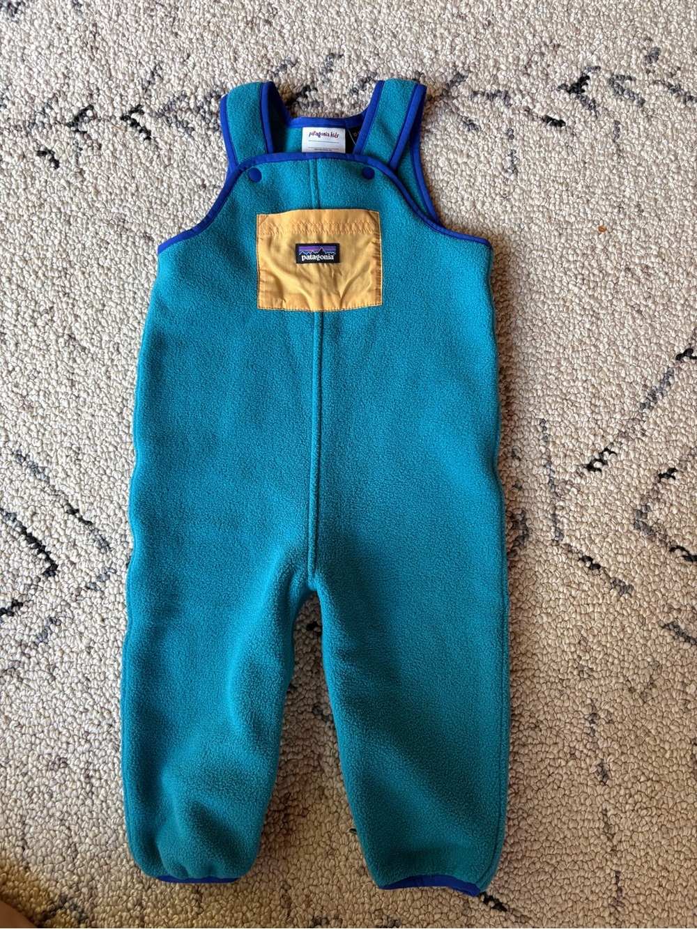 Patagonia Kids Teal Fleece Overalls with Yellow Chest Pocket